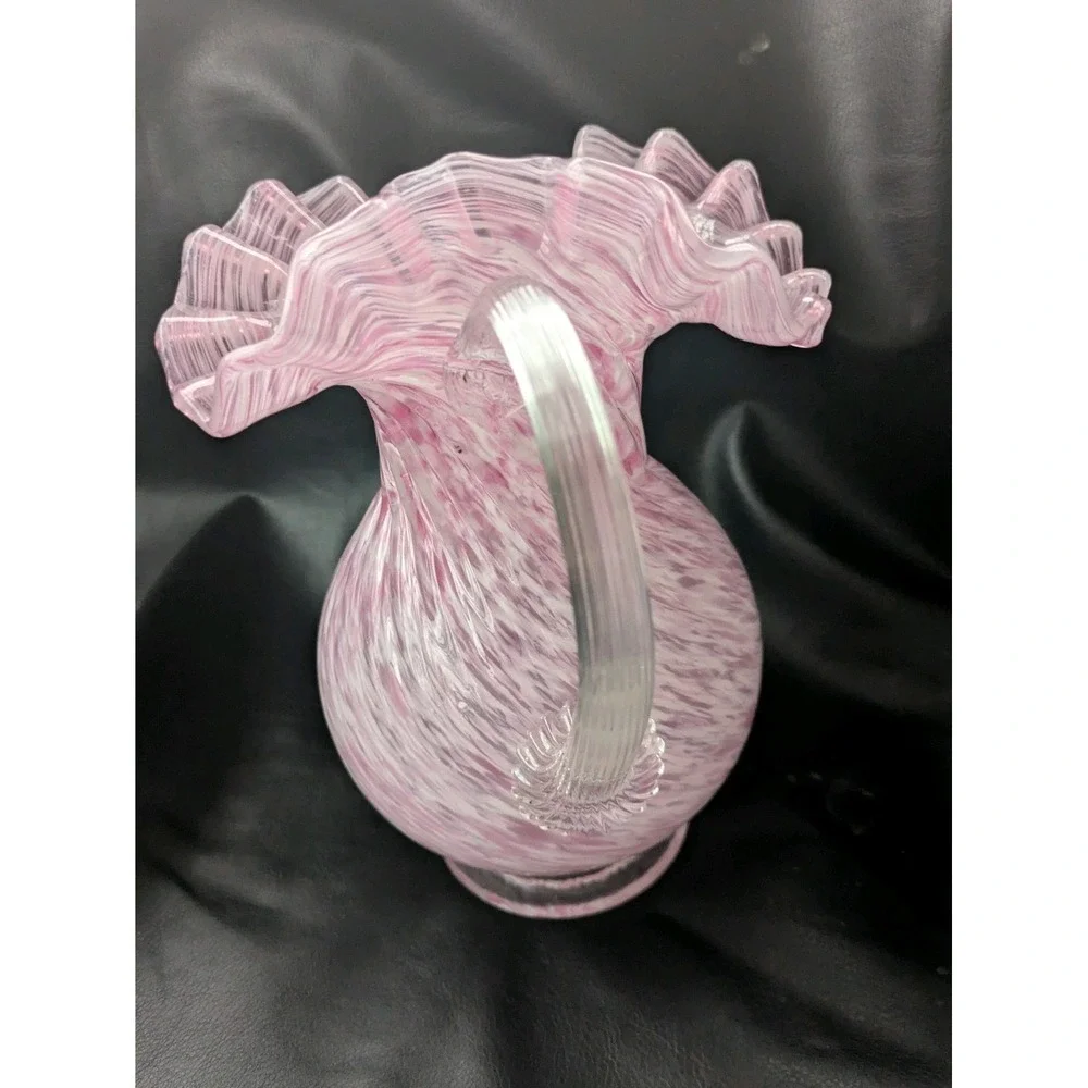 Fenton Pink White Spatter Glass Pitcher Ewer Threaded Handle Ruffled Rim 9 in